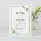 Green Waterverf Floral, Marmer Background Wedding Kaart (Staand voorkant)