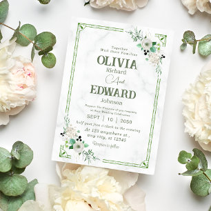 Green Waterverf Floral, Marmer Background Wedding Kaart
