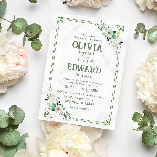 Green Waterverf Floral, Marmer Background Wedding Kaart