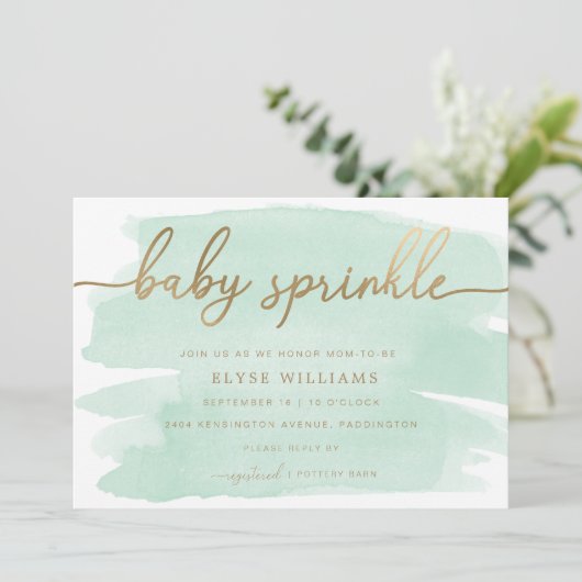 Green Waterverf Gold Baby Sprinkle Invitation Kaart (Staand voorkant)