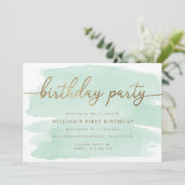 Green Waterverf Gold Birthday Party Invitation Kaart (Staand voorkant)