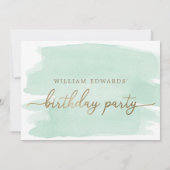 Green Waterverf Gold Birthday Party Invitation Kaart (Achterkant)