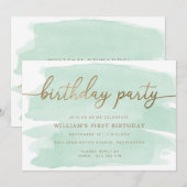Green Waterverf Gold Birthday Party Invitation Kaart (Voorkant / Achterkant)