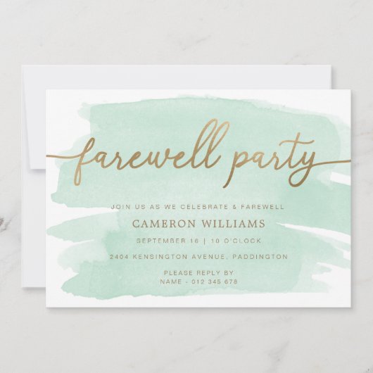 Green Waterverf Gold Farewell Party Invitation Kaart (Voorkant)