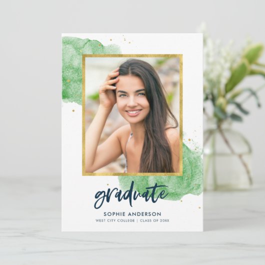 Green Waterverf Gold Photo Afstuderen Afstudeerder Kaart (Staand voorkant)