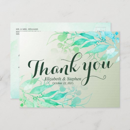 Green Waterverf Leaf Botanical Wedding Dank je Briefkaart (Voorkant / Achterkant)