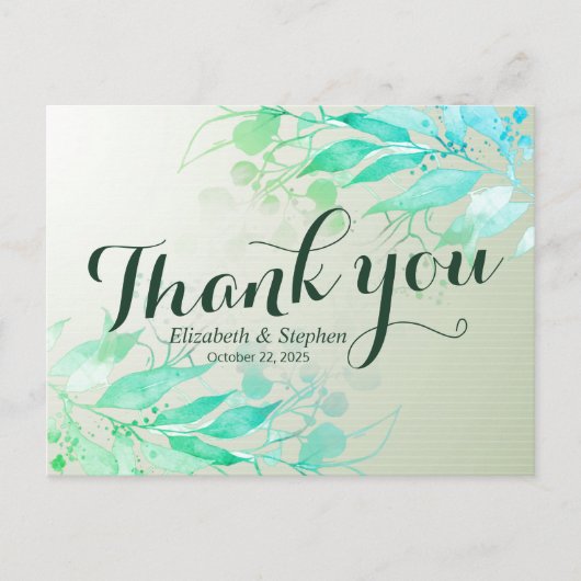 Green Waterverf Leaf Botanical Wedding Dank je Briefkaart (Voorkant)