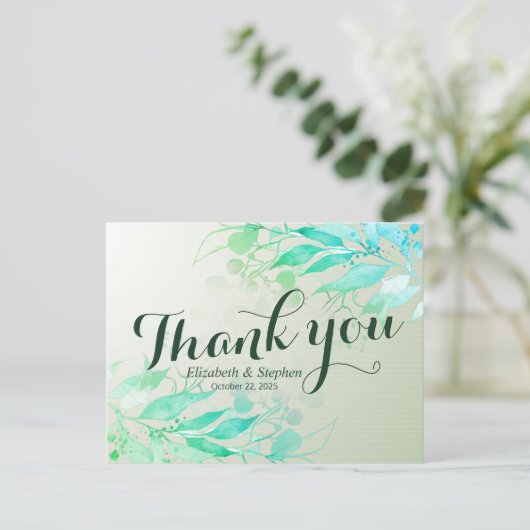 Green Waterverf Leaf Botanical Wedding Dank je Briefkaart (Staand voorkant)