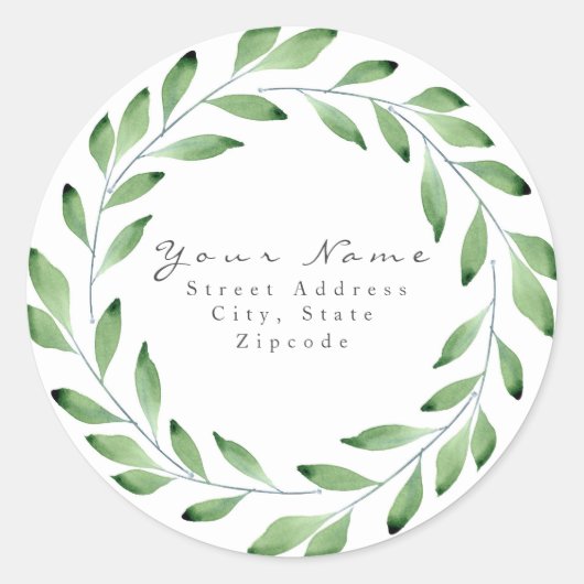 "Green Waterverf Leaf Branch Wreath"-label Ronde Sticker (Voorkant)