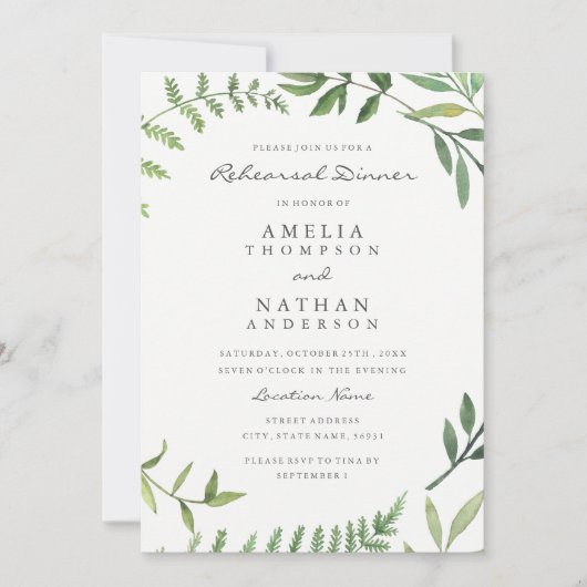 Green Waterverf Leaf Rehearsal Dinner Invitation Kaart (Voorkant)