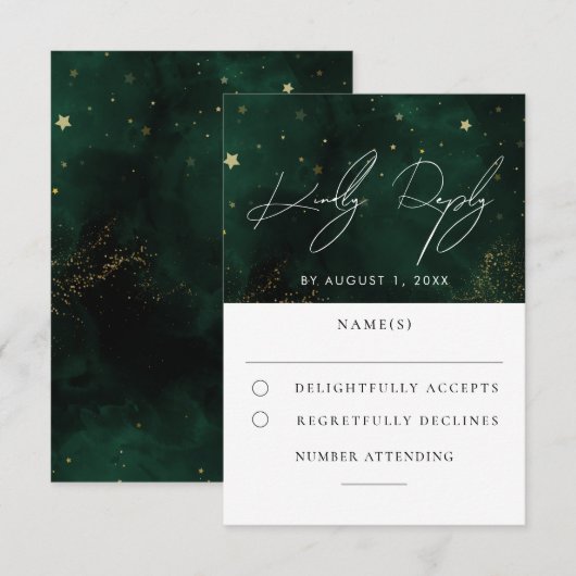 Green Waterverf Magical Gold Wedding RSVP Kaartje (Voorkant / Achterkant)