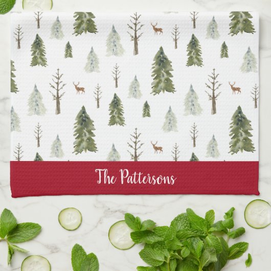 Green Waterverf Pine Trees Patterned Theedoek (Gevouwen)