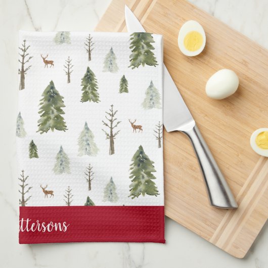 Green Waterverf Pine Trees Patterned Theedoek (Quarter Fold)