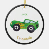 Green Waterverf Racing Car Name Dated Childish Keramisch Ornament (Voorkant)