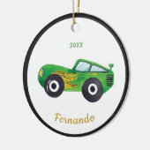 Green Waterverf Racing Car Name Dated Childish Keramisch Ornament (Links)