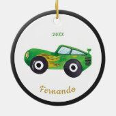 Green Waterverf Racing Car Name Dated Childish Keramisch Ornament (Achterkant)