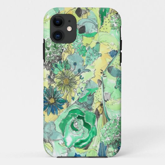 Green Waterverf Sketched Blooms iPhone Case (Achterkant)