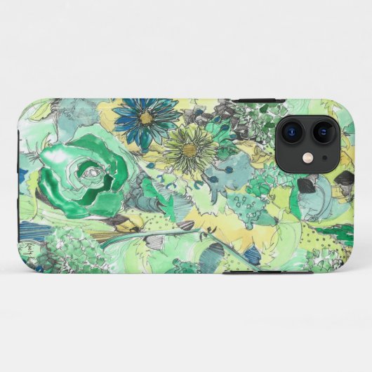 Green Waterverf Sketched Blooms iPhone Case (Achterkant (horizontaal))