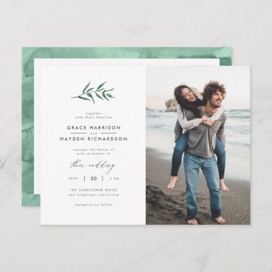 Green Waterverf Sprig | Minimale fotoweddenschap Uitnodiging Briefkaart (Voorkant / Achterkant)