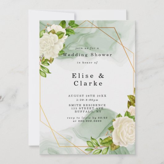 Green Waterverf White Rose Wedding Shower Invite (Voorkant)