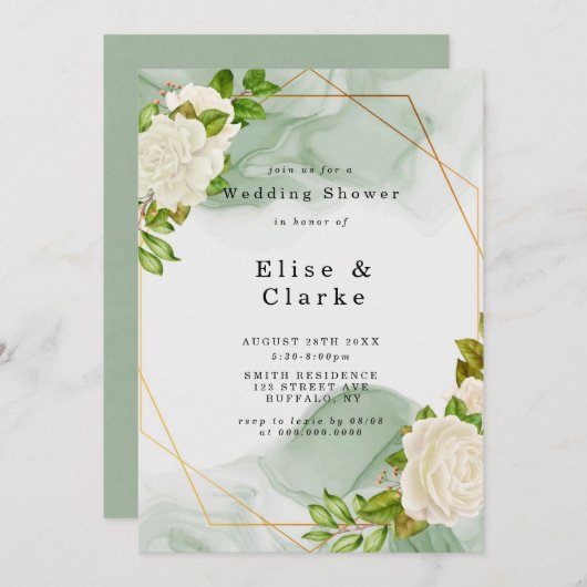 Green Waterverf White Rose Wedding Shower Invite (Voorkant / Achterkant)