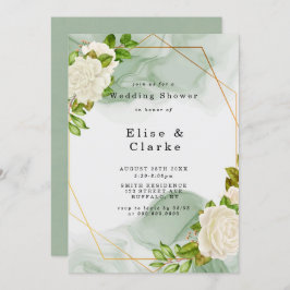 Green Waterverf White Rose Wedding Shower Invite
