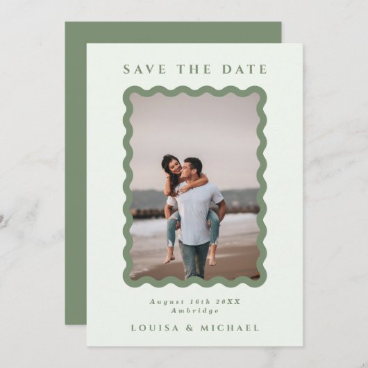 Green Wavy Lijst Photo QR Code Weddenschap Save th Save The Date (Voorkant / Achterkant)