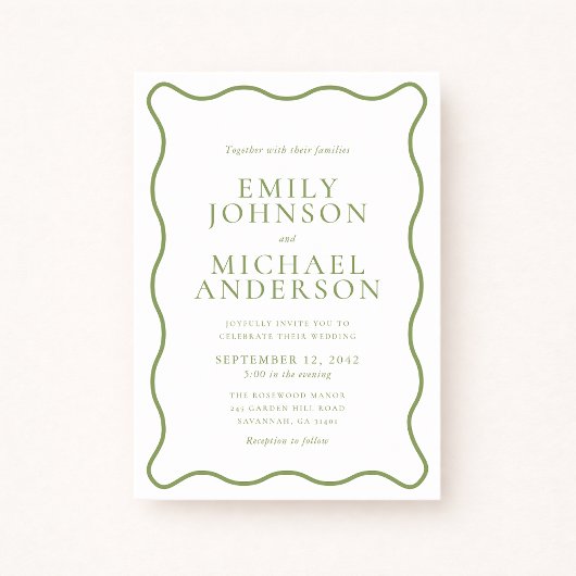 Green Wavy Outline Wedding Invitation Kaart
