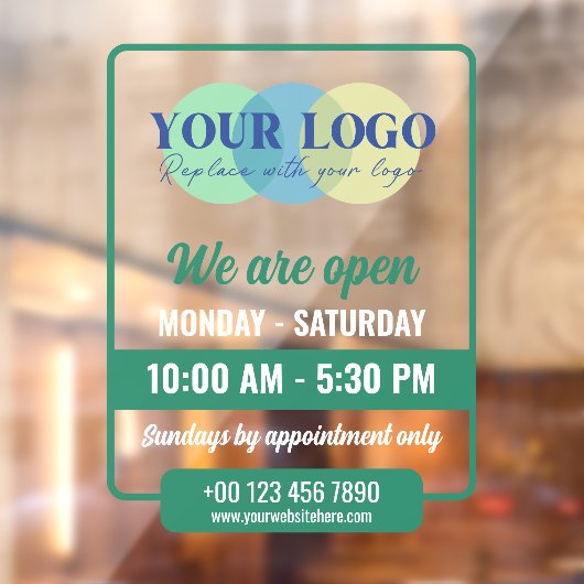 Green We Are Open Hours With Your Logo Raamsticker (Vel 2)