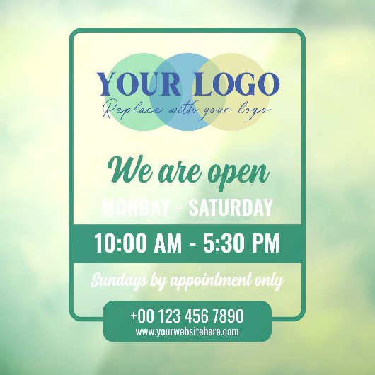 Green We Are Open Hours With Your Logo Raamsticker (Vel 3)