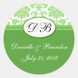 Green Wedding Monogram Damask Seal Ronde Sticker