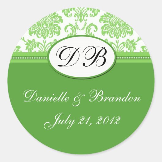 Green Wedding Monogram Damask Seal Ronde Sticker (Voorkant)