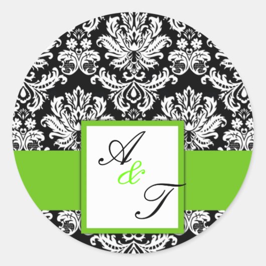 Green Wedding Monogram Damask Seal Ronde Sticker (Voorkant)