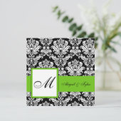 Green Wedding Monogram Damask Uitnodiging (Staand voorkant)