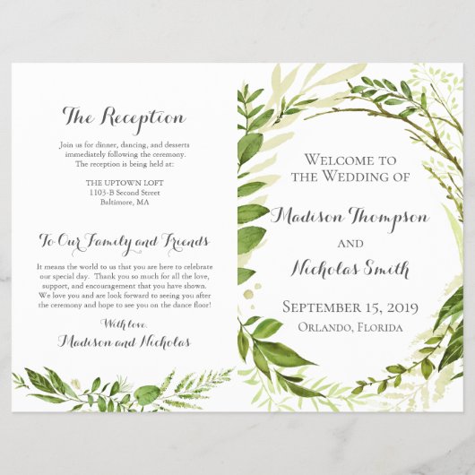 Green Wedding Program Booklets, Rustic Greenery Flyer (Voorkant)
