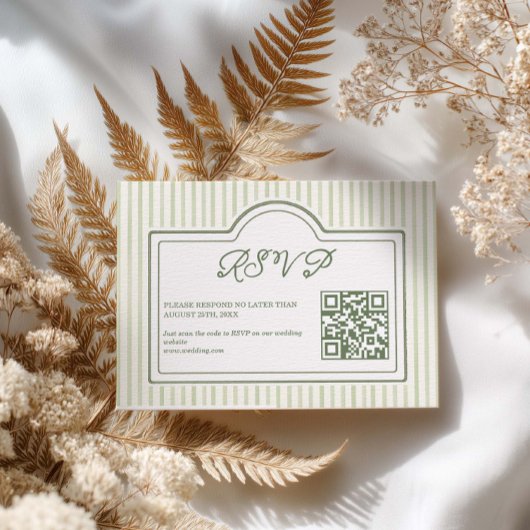 Green Wedding Striped QR code RSVP Card
