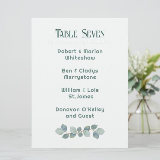 Green Wedding Table Number List of Names Programmakaart (Staand voorkant)