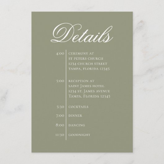 Green Wedding Timeline Details Simple RSVP Informatiekaartje (Voorkant)