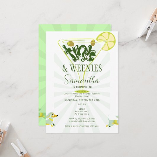 Green Weenies & Tinis Grappig Martini Verjaardagsf Kaart (Voorkant / Achterkant in situ)