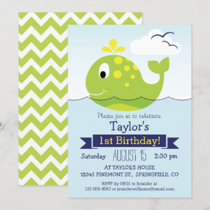 Green Whale Birthday Party Kaart