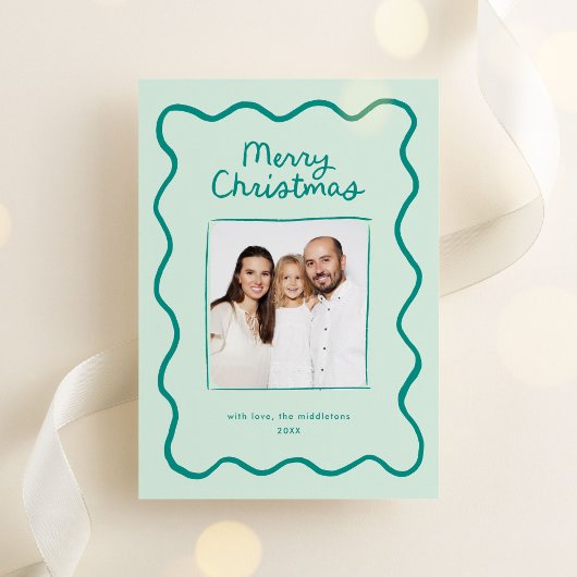 Green Whimsical Doodle Wavy Lijst Kerstfoto Feestdagenkaart