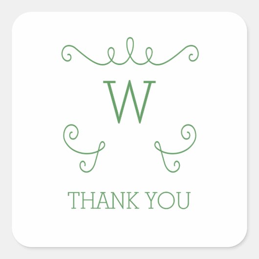 Green Whimsical Flourish Monogram Bedankt Vierkante Sticker (Voorkant)