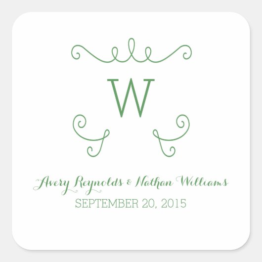 Green Whimsical Flourish Monogram Wedding Stickers (Voorkant)