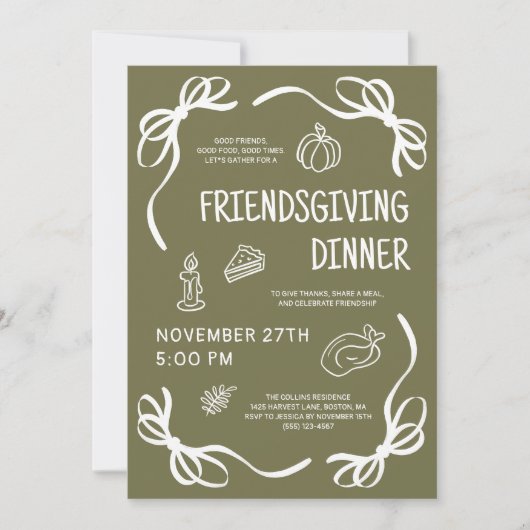 Green Whimsical Hand Drawn Friendsgiving Dinner Kaart (Voorkant)