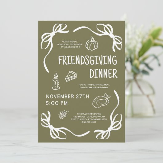 Green Whimsical Hand Drawn Friendsgiving Dinner Kaart (Staand voorkant)