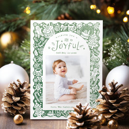 Green Whimsical Hand Drawn Joyful Holiday Photo Feestdagenkaart