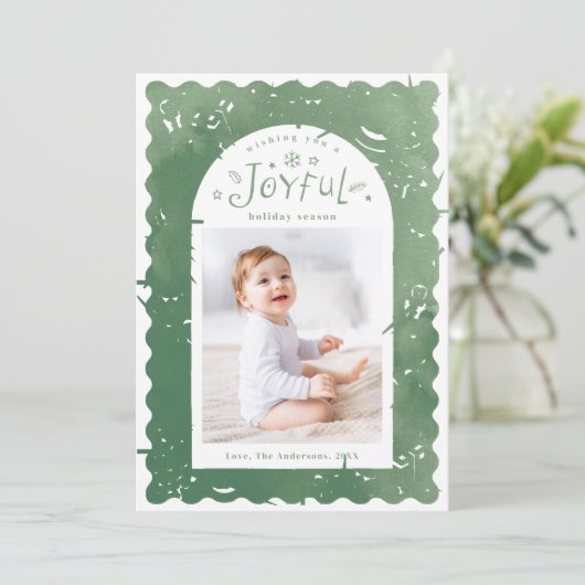Green Whimsical Hand Drawn Joyful Holiday Photo Feestdagenkaart (Staand voorkant)
