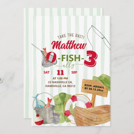 Green Whimsical Stripes Boy Vist verjaardag Kaart (Voorkant / Achterkant)