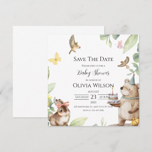 Green White Bird Baby shower Save the Date Kaart (Voorkant / Achterkant)