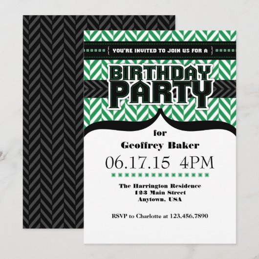 Green White Black Herringbone Birthday Invite Kaart (Voorkant / Achterkant)